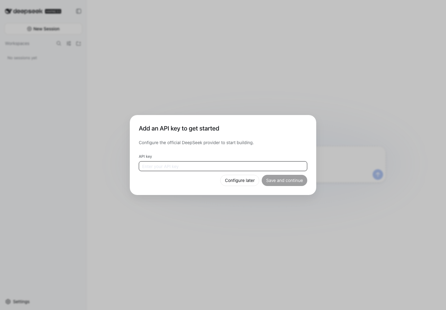 DeepSeek Harness first-run API key configuration screen