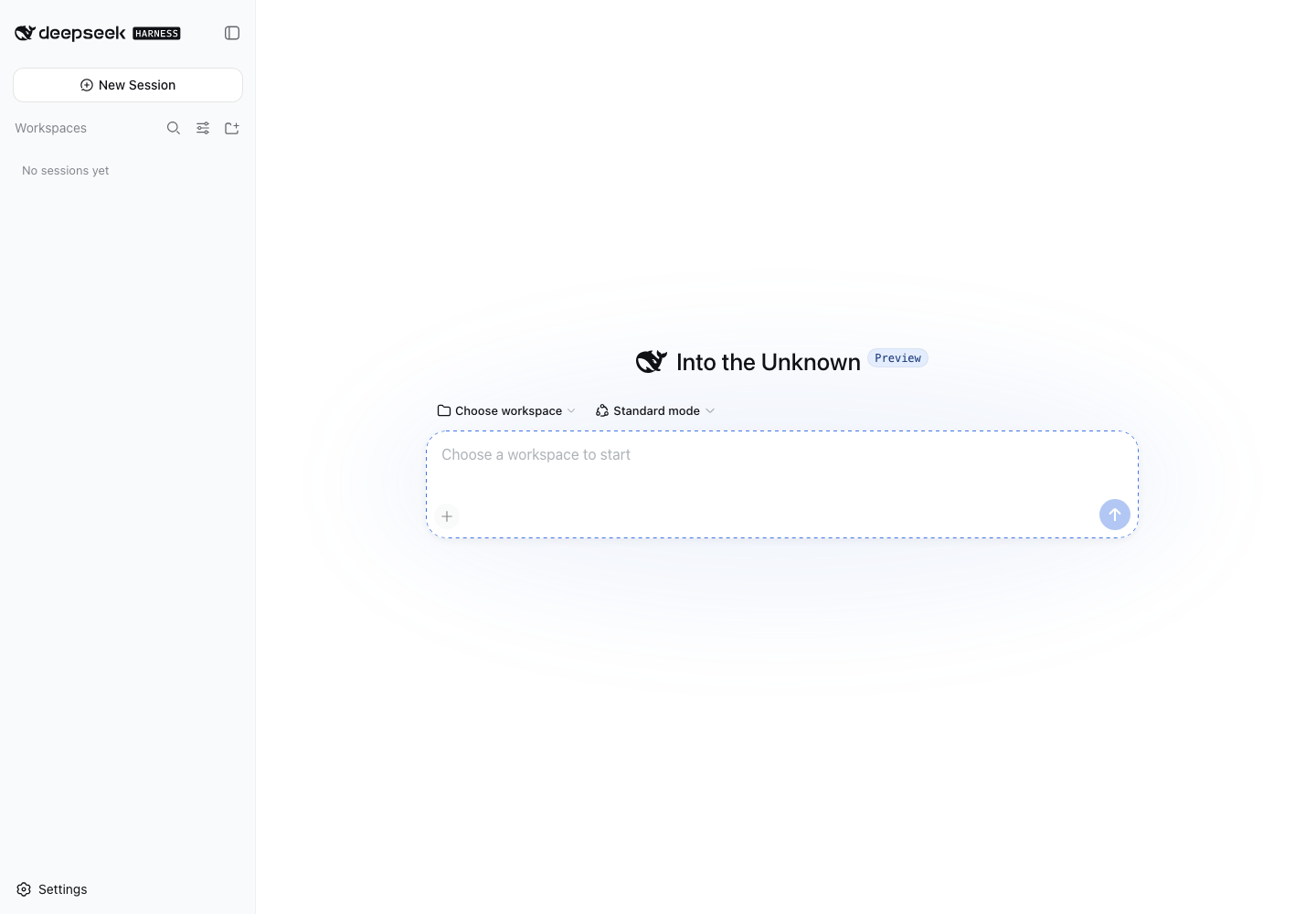 DeepSeek Harness main UI showing New Session, workspace selector and Standard mode